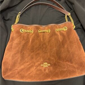 Authentic Coach Brown Suede Shoulder Bag with Gold Chain-PRE-OWNED